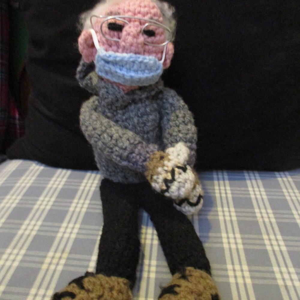 Hand Crocheted Bernie Sanders doll. With mask, and wire glasses, 13" - Picture 3 of 4